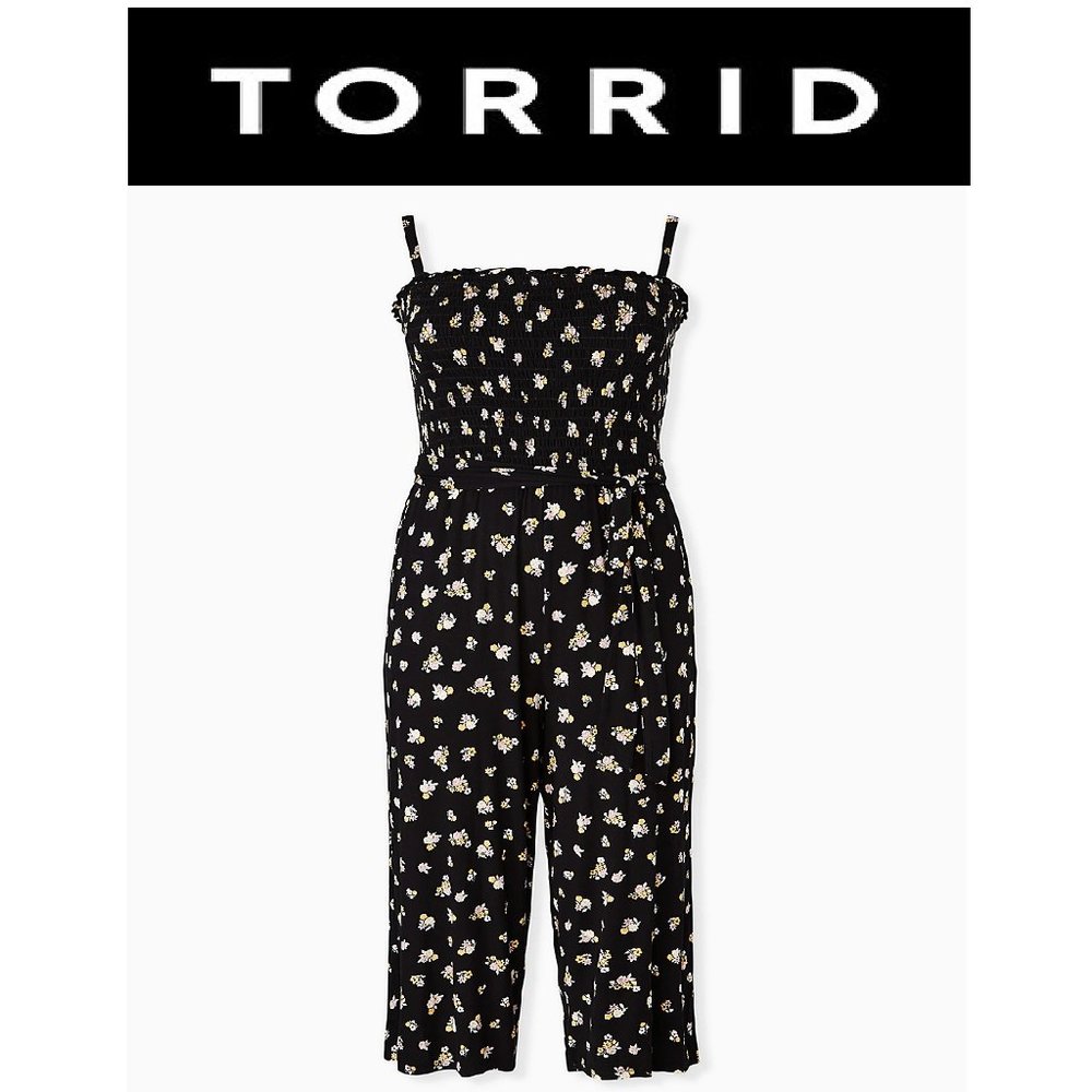 Torrid Black Floral Smocked Culotte Jumpsu…